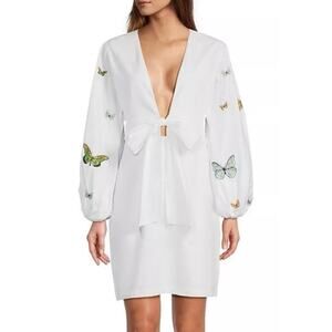 Fanm Mon Larson Embroidered Long Sleeve V Neck Mini Dress Butterfly Size Large